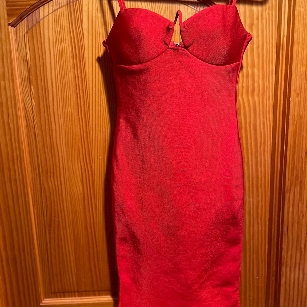 Red Bustier Midi Dress Sweetheart Neckline